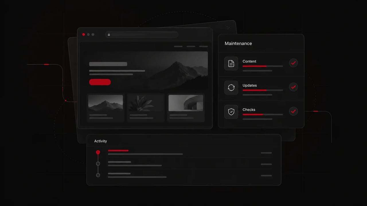 Website preview beside a maintenance checklist for content, updates, and checks, with an activity timeline below.