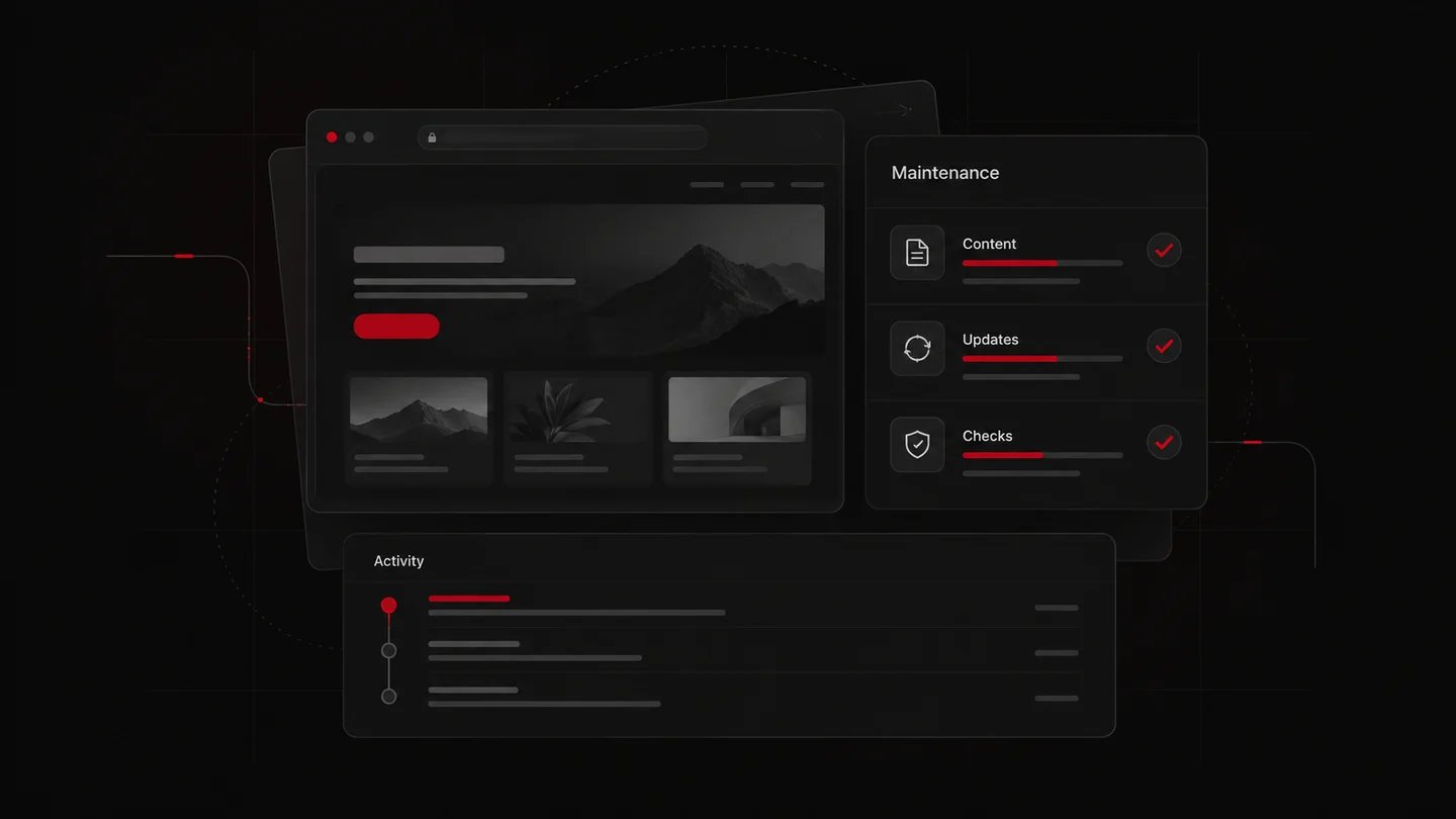 Website preview beside a maintenance checklist for content, updates, and checks, with an activity timeline below.