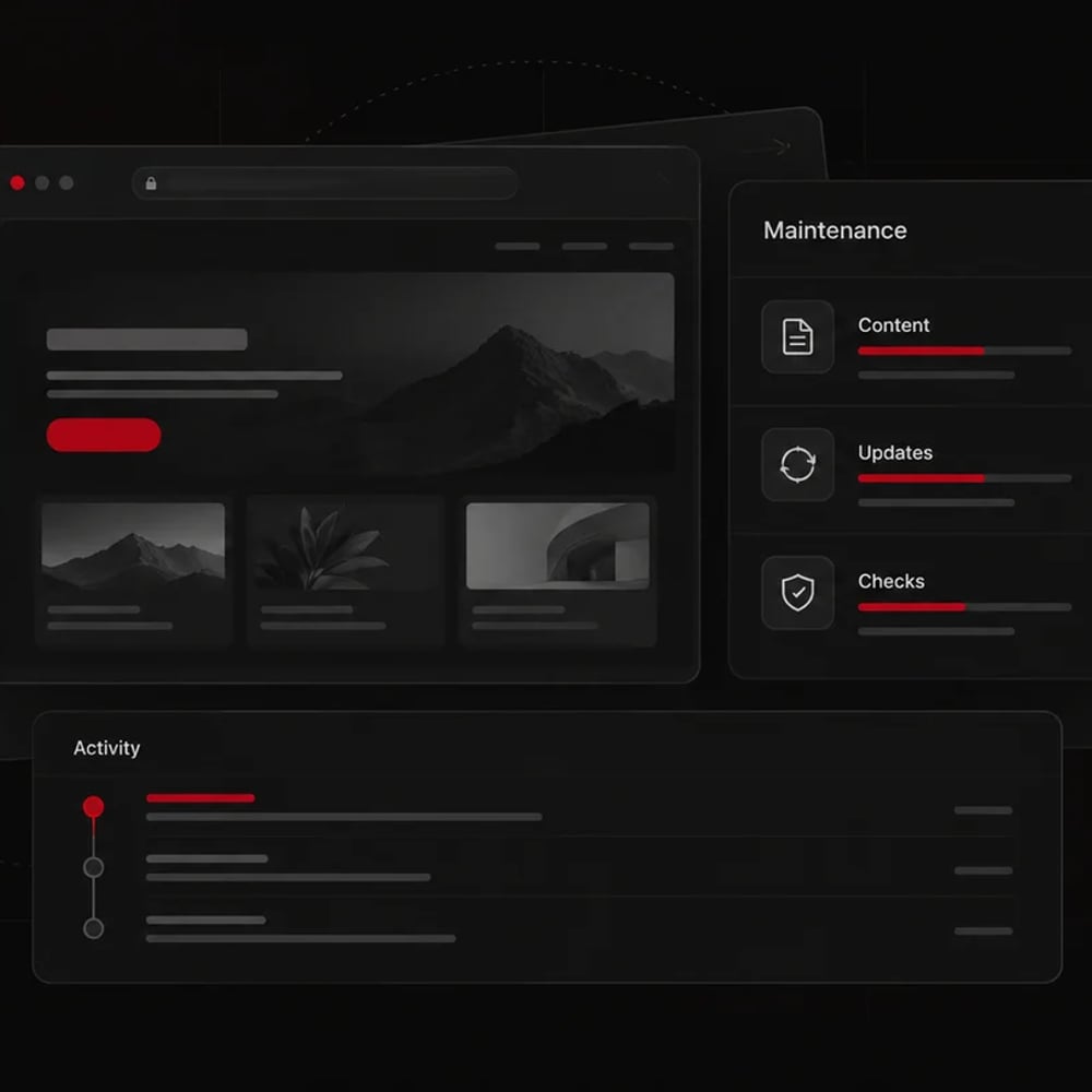 Website preview beside a maintenance checklist for content, updates, and checks, with an activity timeline below.