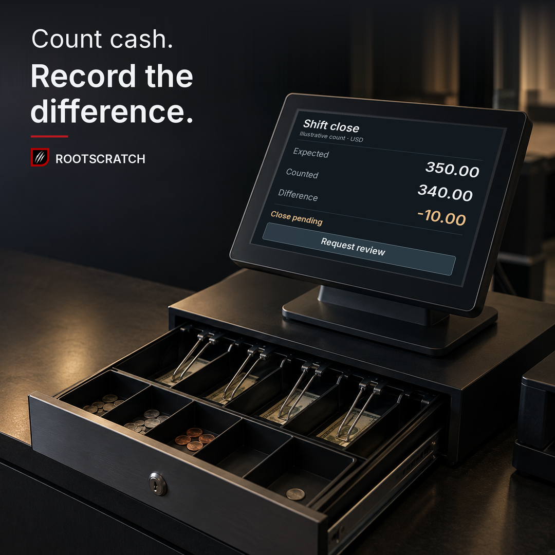 Illustrative POS and open cash drawer: expected USD 350, counted 340, difference -10; closing waits for review. Headline: Count cash. Record the difference. Rootscratch branding.
