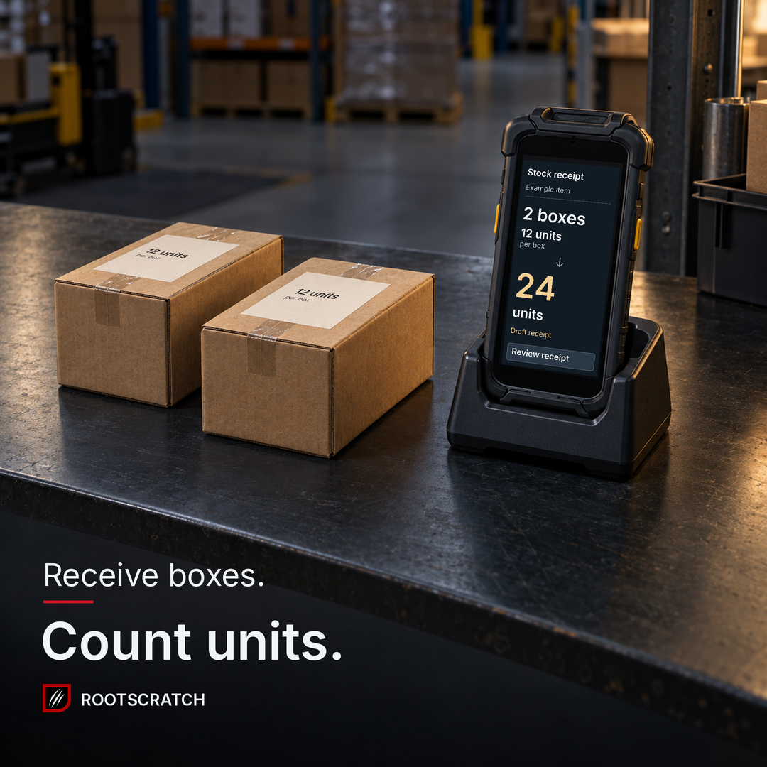 Illustrative warehouse scanner beside two boxes: a draft receipt converts 2 boxes at 12 units per box into 24 units. Headline: Receive boxes. Count units. Rootscratch branding.