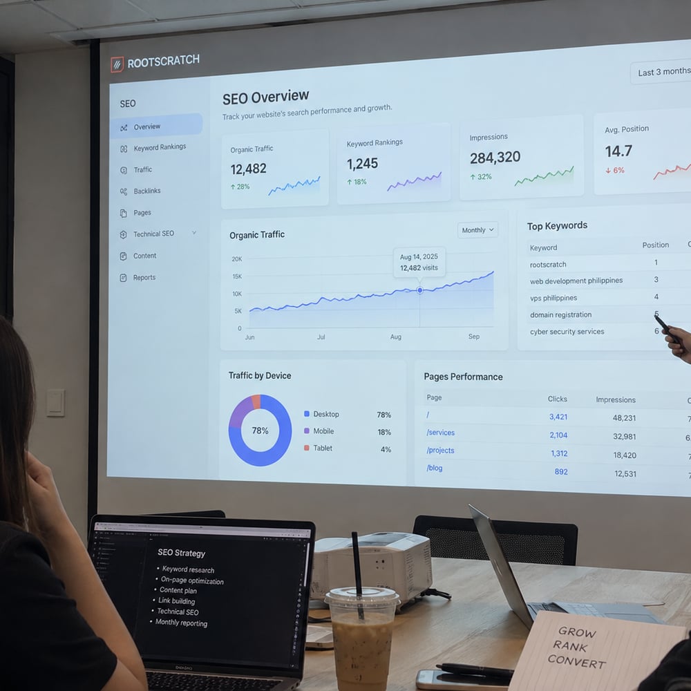 Conceptual search performance dashboard with keyword analysis and technical checks.