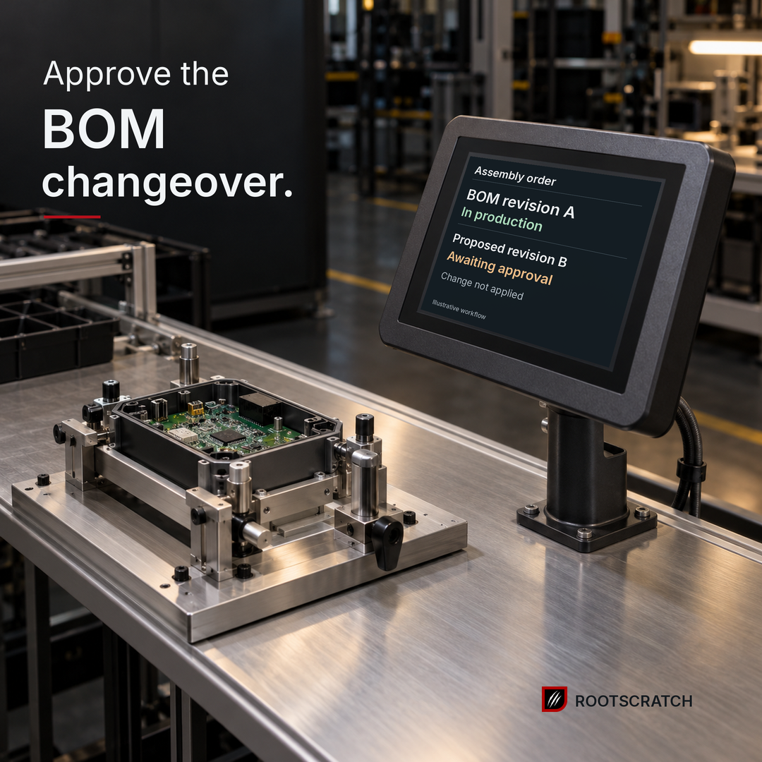 Illustrative assembly terminal: BOM revision A in production; proposed revision B awaiting approval, change not applied. Component fixture beside it. Headline: Approve the BOM changeover. Rootscratch branding.