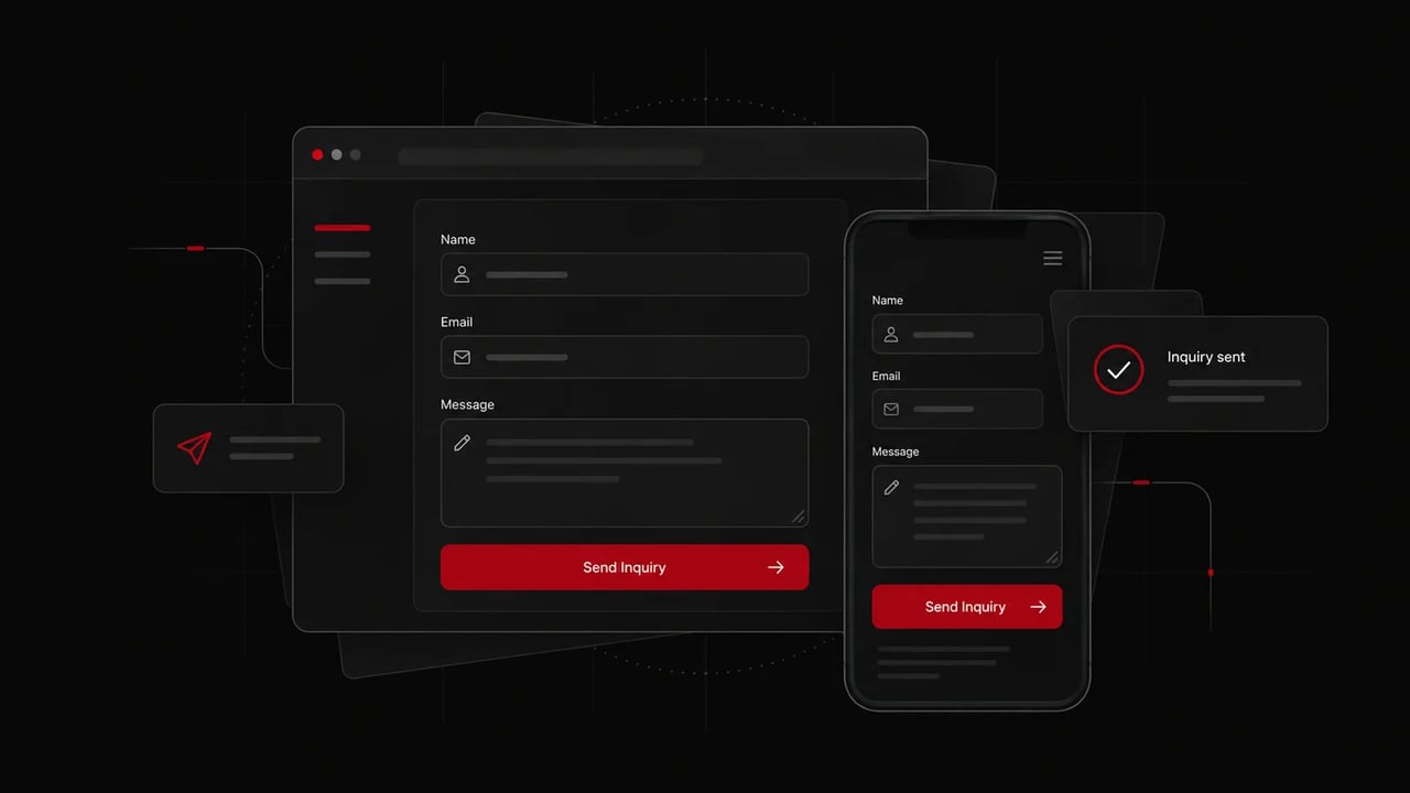 Matching desktop and mobile inquiry forms with name, email, and message fields, a red send button, and an inquiry confirmation card.