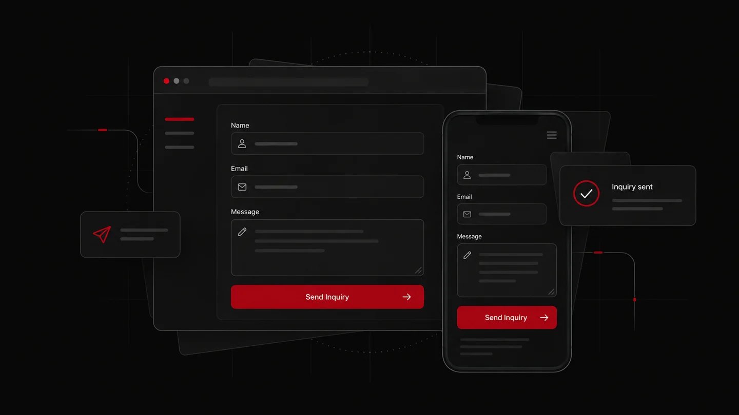 Matching desktop and mobile inquiry forms with name, email, and message fields, a red send button, and an inquiry confirmation card.
