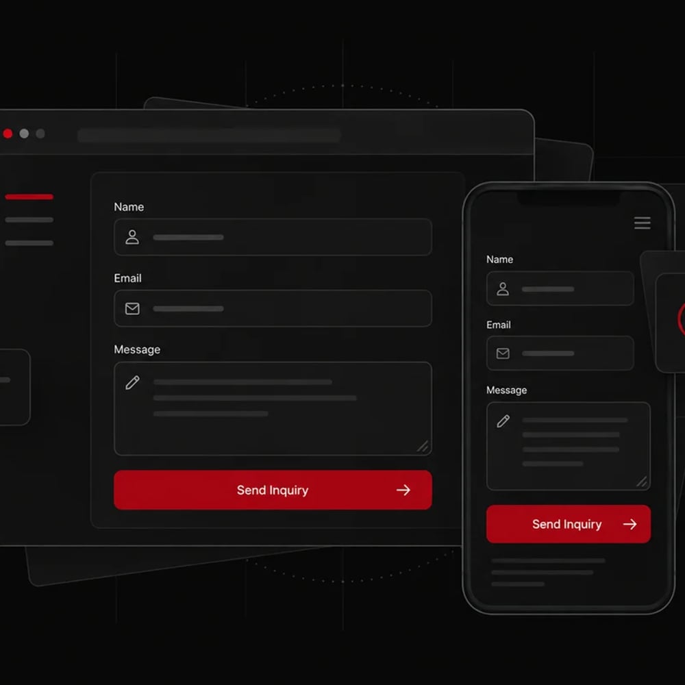 Matching desktop and mobile inquiry forms with name, email, and message fields, a red send button, and an inquiry confirmation card.