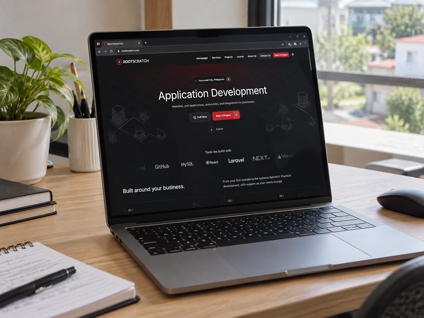 Dark website dashboard and responsive page layouts with Rootscratch red accents.