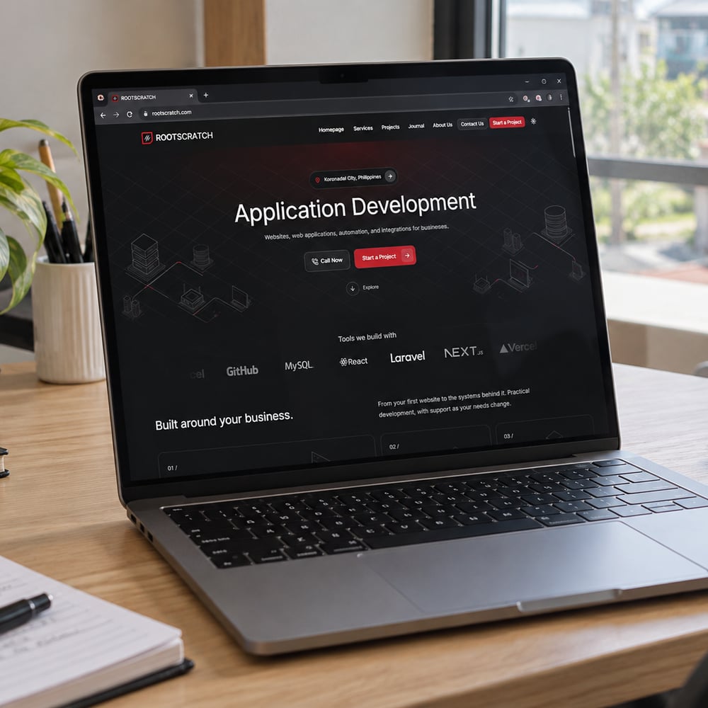 Dark website dashboard and responsive page layouts with Rootscratch red accents.
