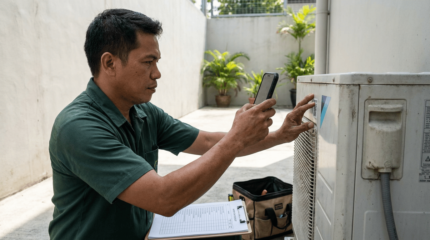 Field service technician checking a work order on a smartphone beside an outdoor equipment unit during a site visit.