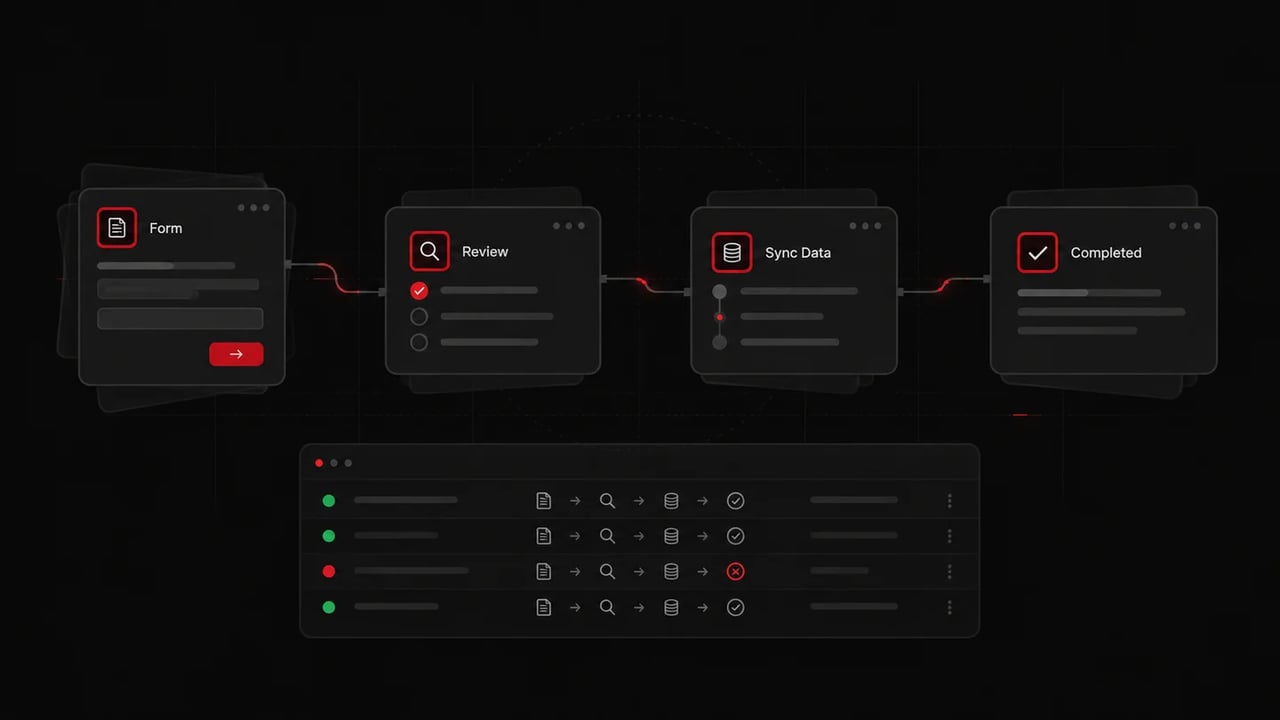 Four connected workflow panels for a form, review, data synchronization, and completion above an execution history panel.