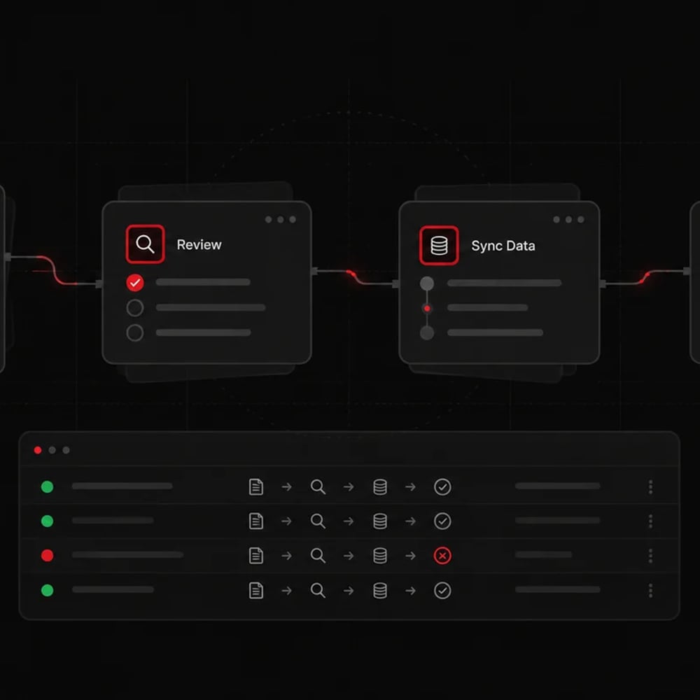 Four connected workflow panels for a form, review, data synchronization, and completion above an execution history panel.
