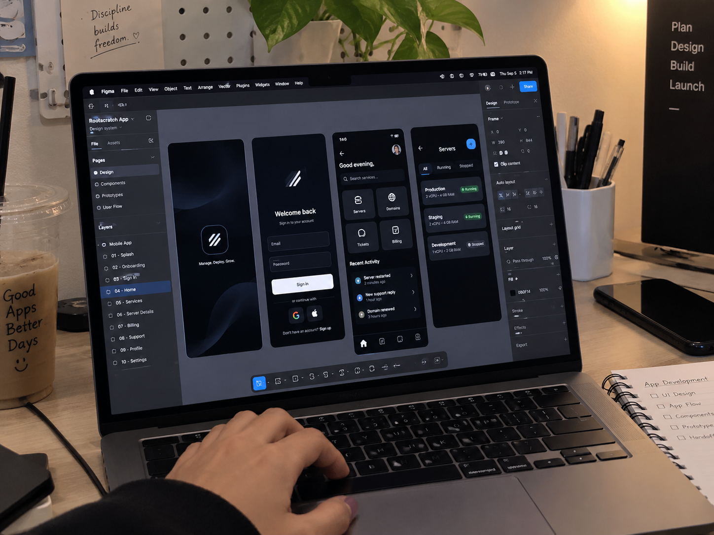 Conceptual mobile application interfaces with dark surfaces and red interaction accents.