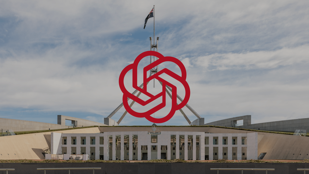 Australian Parliament House photograph with a red OpenAI logo overlay; editorial composite.