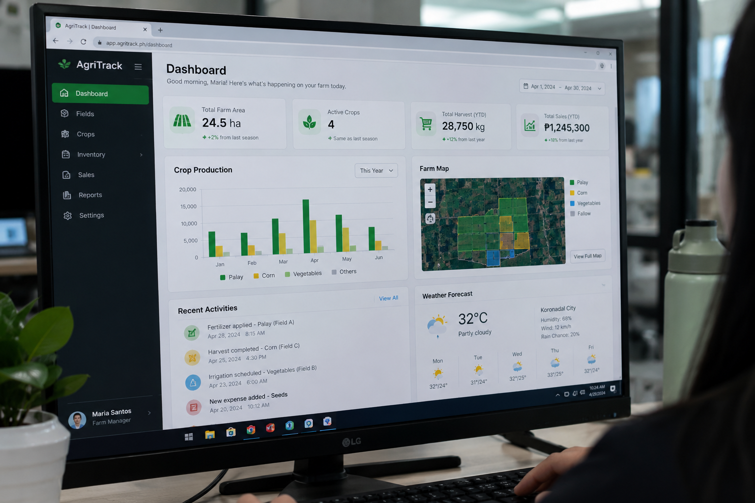 Conceptual business operations dashboard with inventory, reports, and access controls.