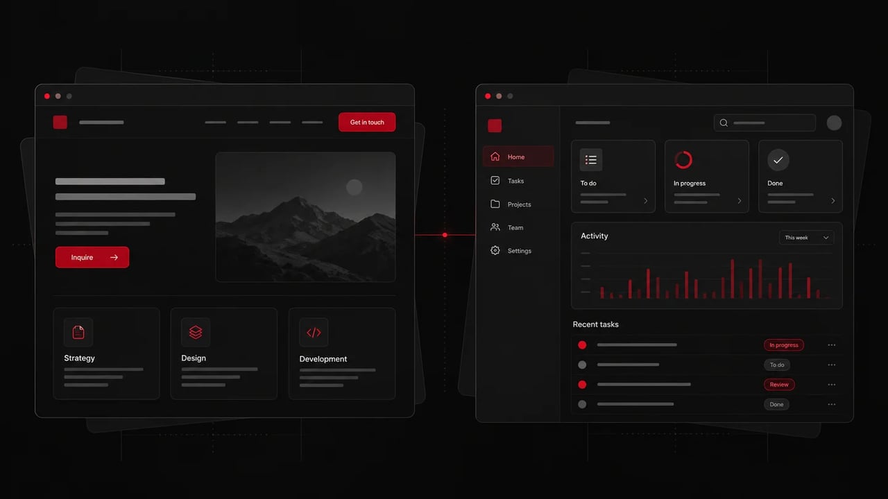 Conceptual business website beside a web application dashboard with tasks and activity panels, in charcoal and red.