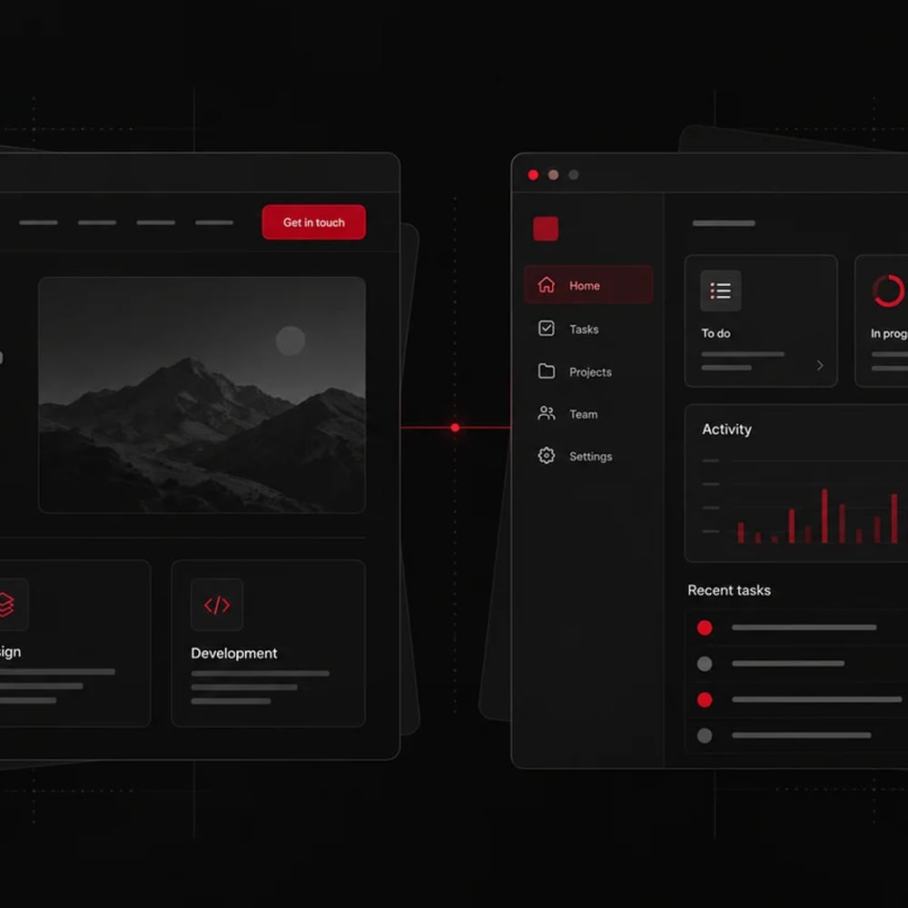 Conceptual business website beside a web application dashboard with tasks and activity panels, in charcoal and red.