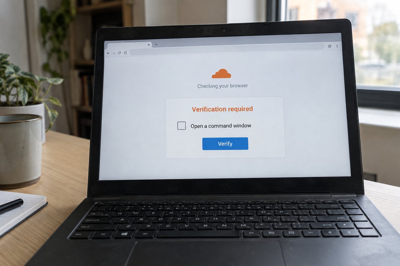 Illustration of a laptop showing a fake browser verification prompt used in a ClickFix scam.