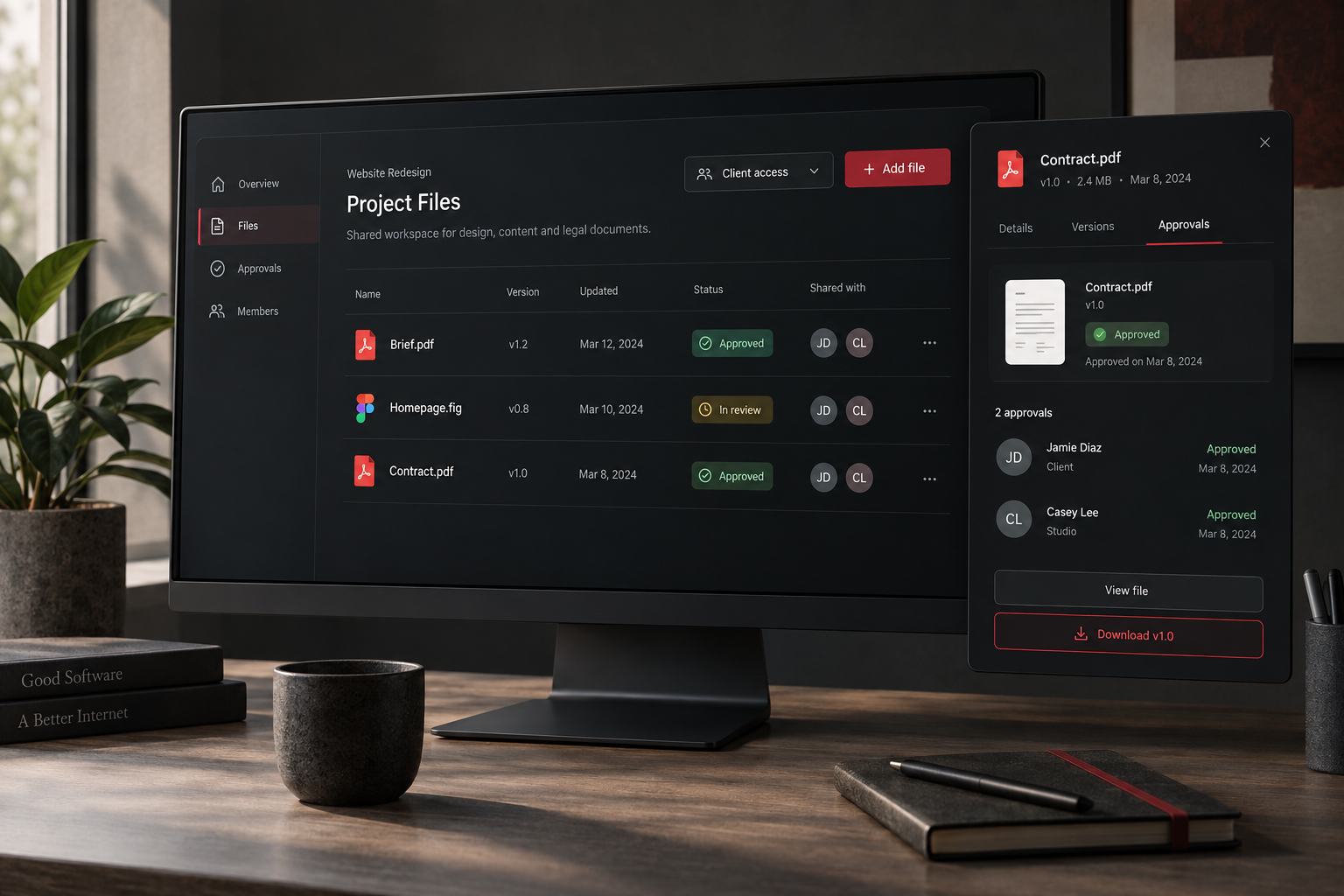 Illustrative client portal showing shared files, approval status and client access controls.