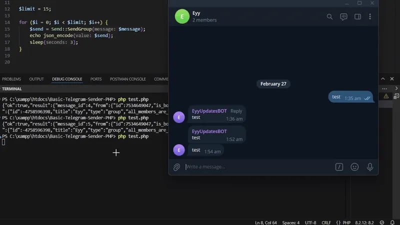 PHP code and console beside a Telegram group receiving bot test messages.