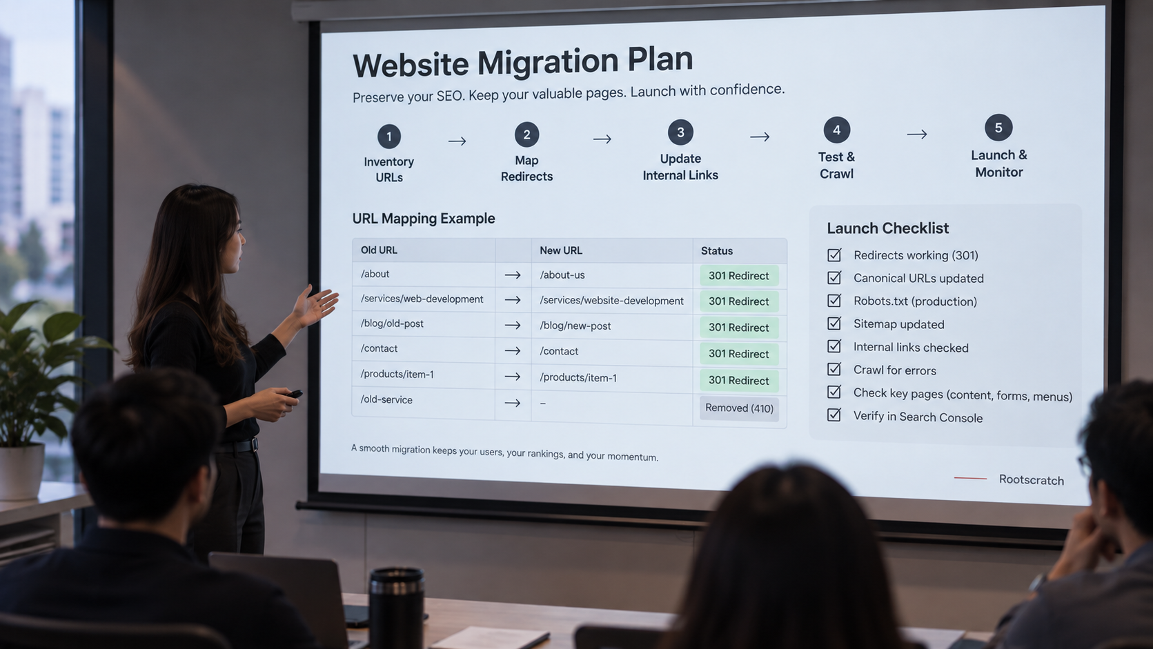 Presenter beside a website migration plan with URL mapping, redirects, and launch checks.