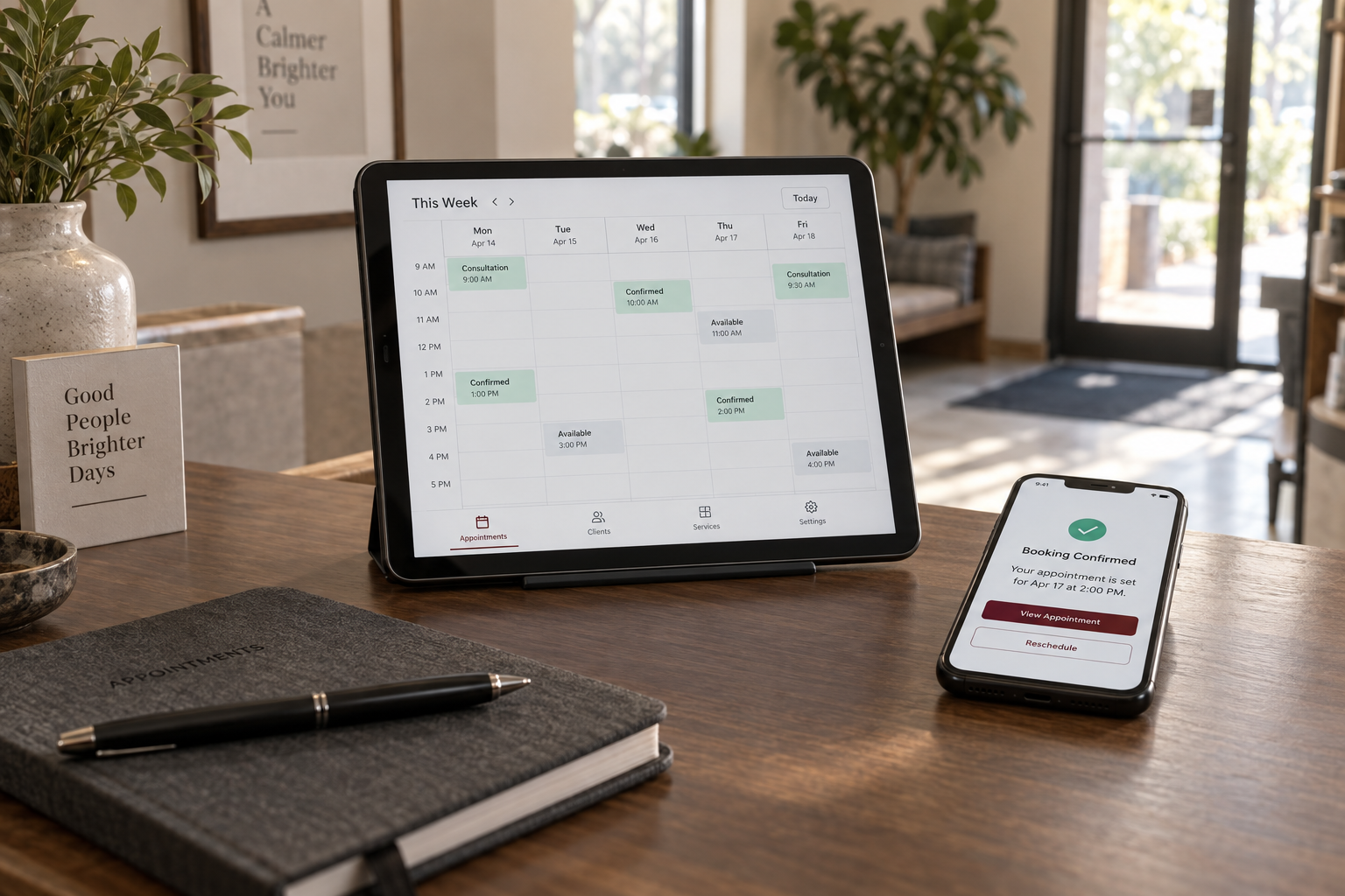 Illustrative booking calendar on a tablet beside a phone displaying an appointment confirmation.