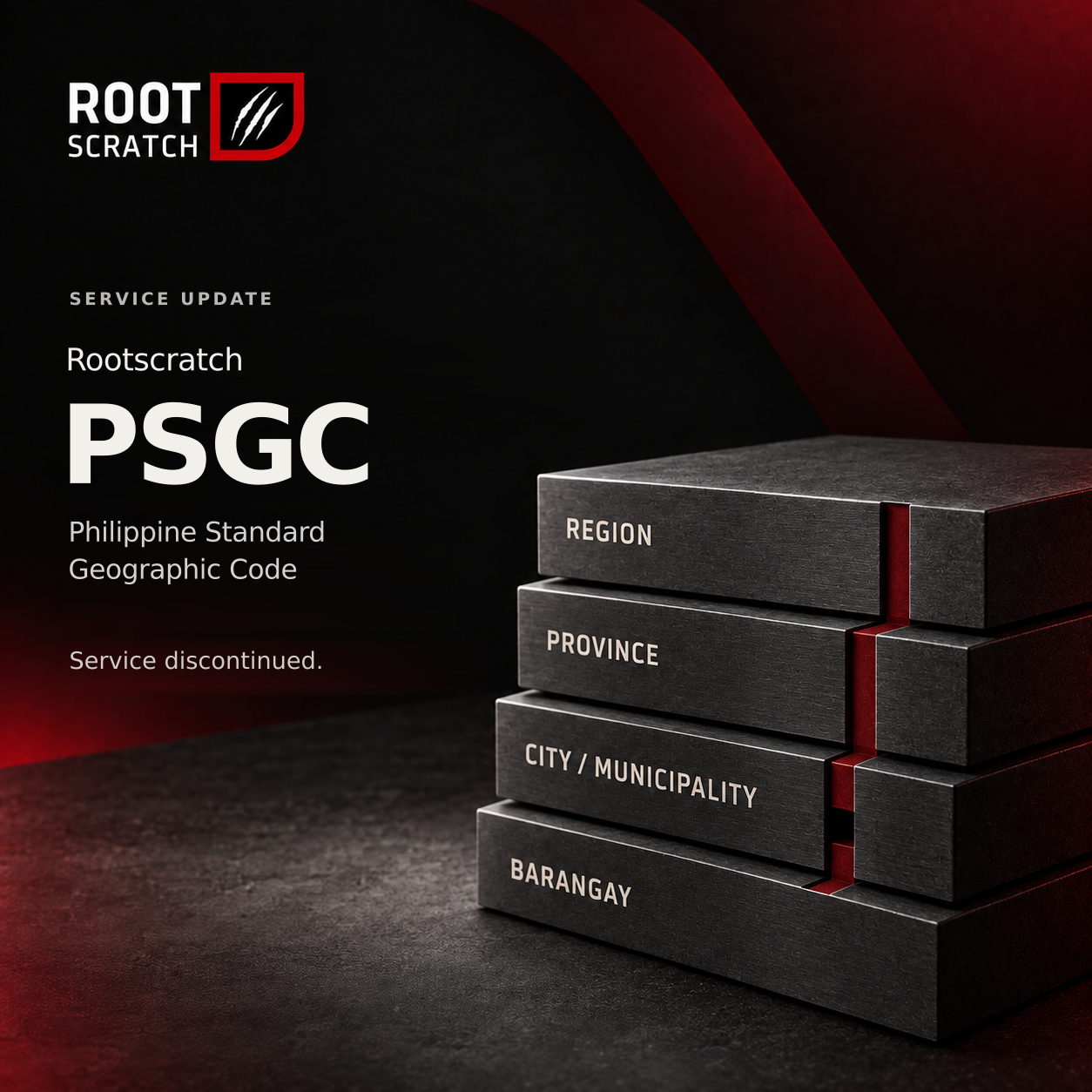 Rootscratch PSGC service discontinued notice with geographic hierarchy labels on stacked graphite blocks.