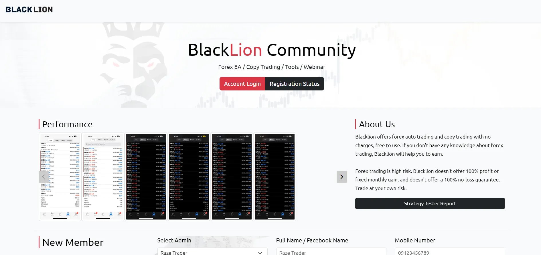 Blacklion EA Community homepage with account links and mobile trading screenshots.