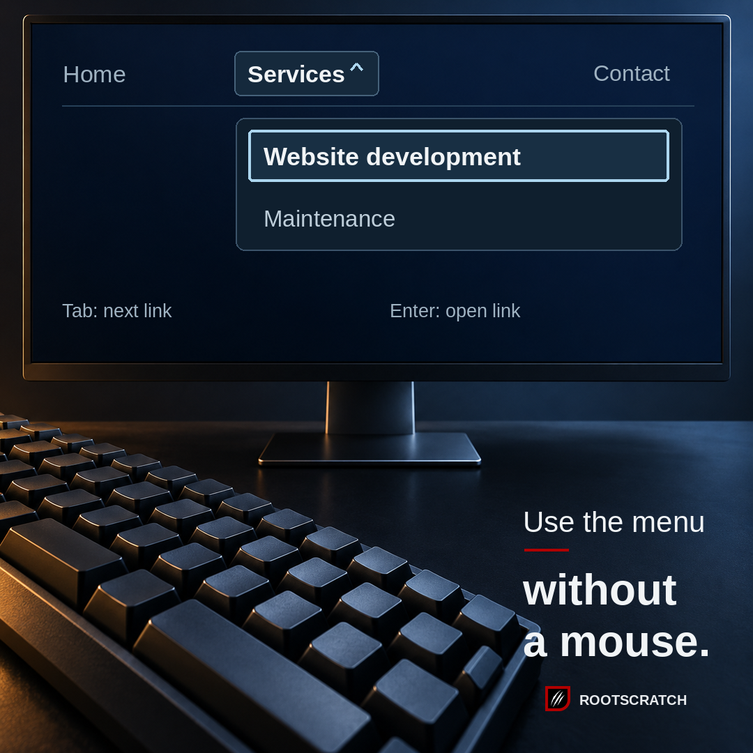 Illustration of a keyboard and desktop monitor showing an expanded Services menu with a focus outline around Website development. Headline: Use the menu without a mouse.