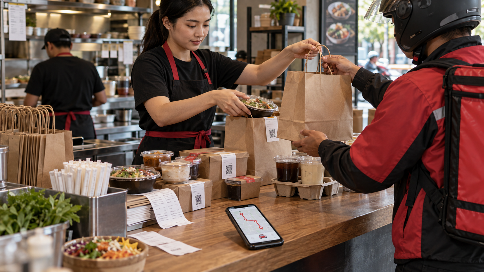 Restaurant staff handing packed food orders to a delivery rider at the pickup counter.