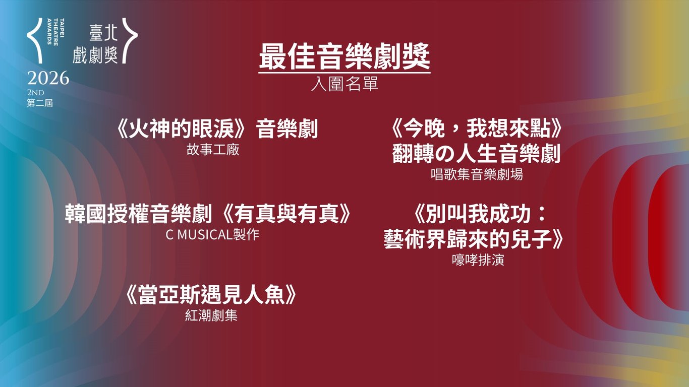 音樂劇熱潮席捲第二屆臺北戲劇獎！《火神的眼淚》、《別叫我成功》等多部強作爭鋒