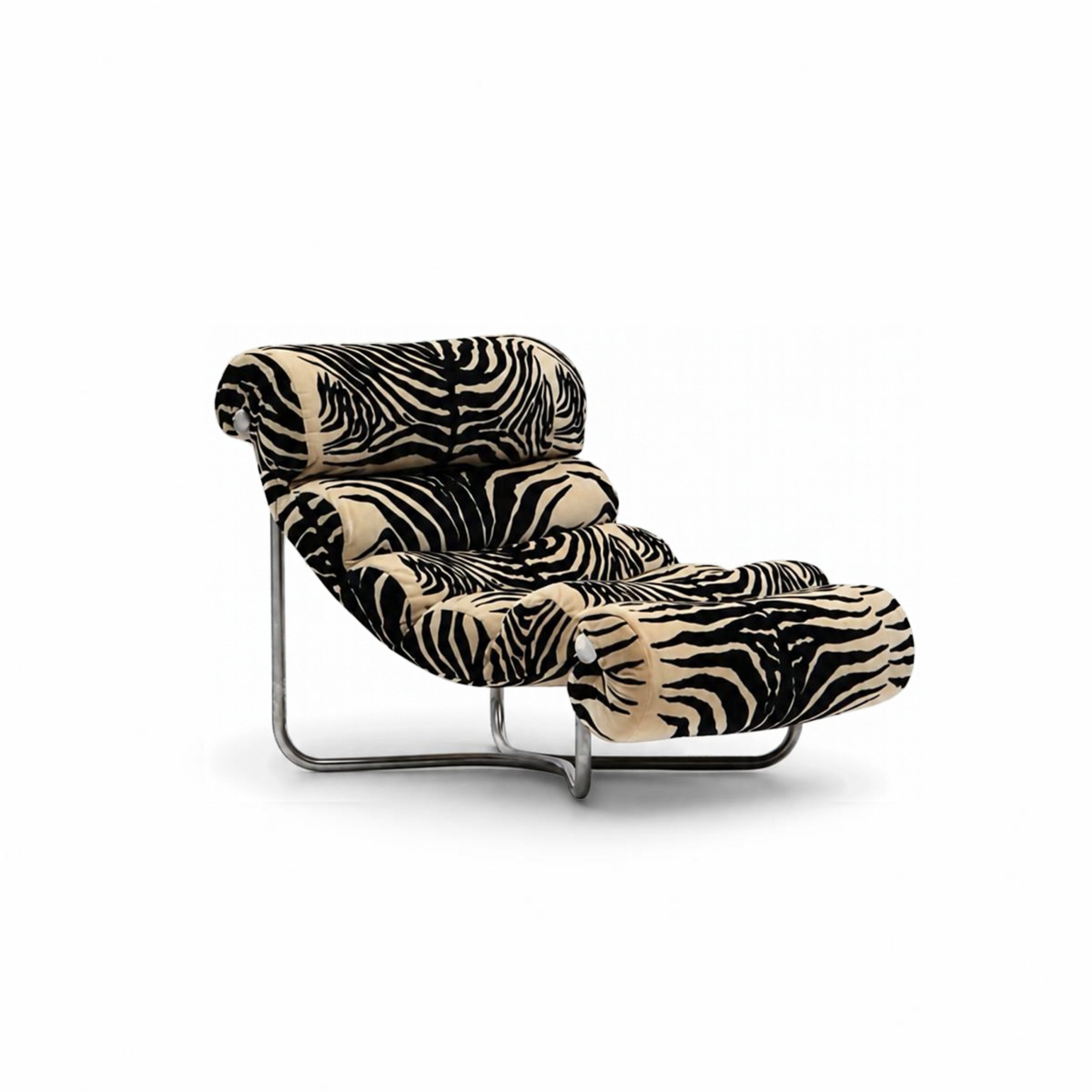 Zebra Print Velvet Wave Lounge Chair with Chrome Frame