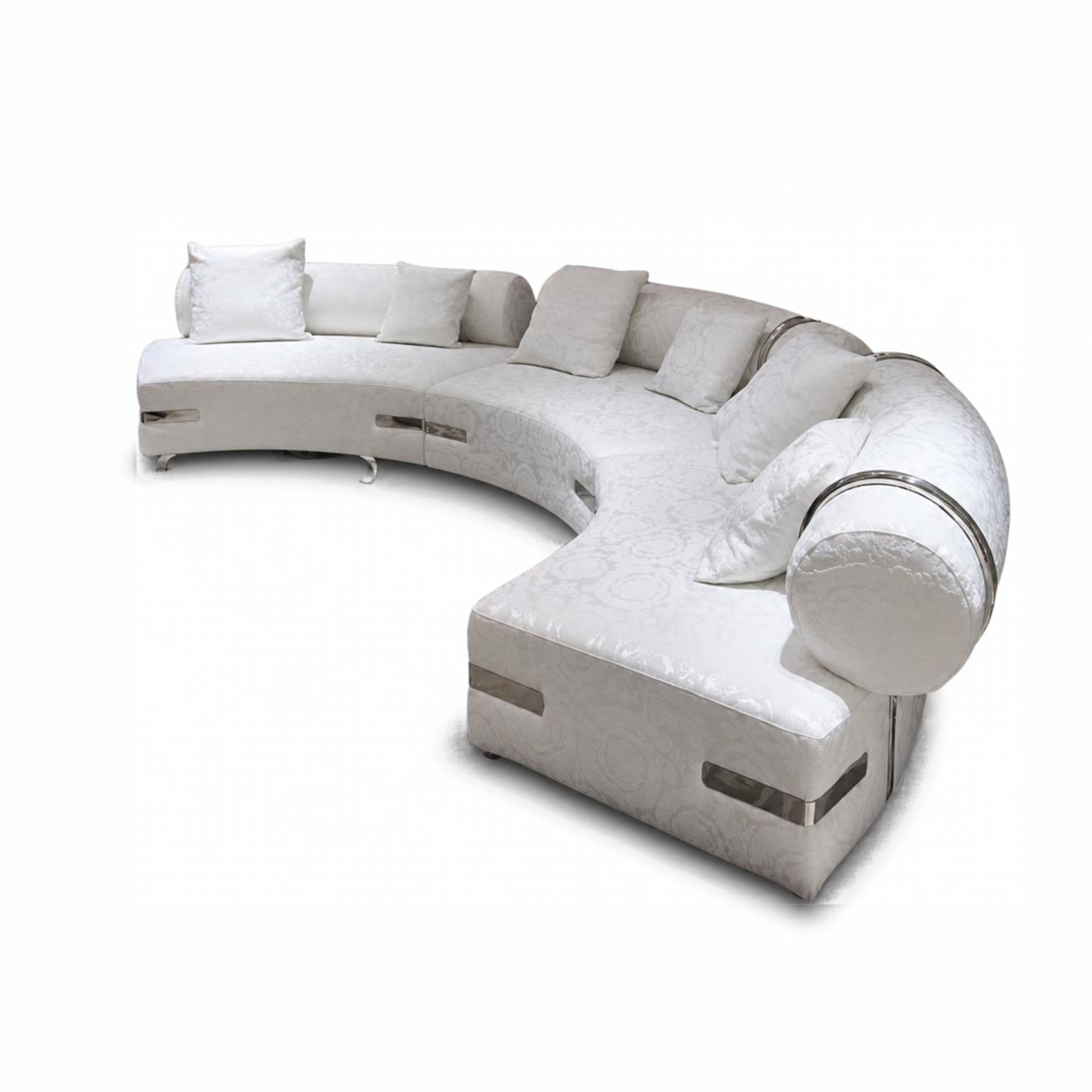 Curved Ivory Jacquard Sectional Sofa with Chrome Accents
