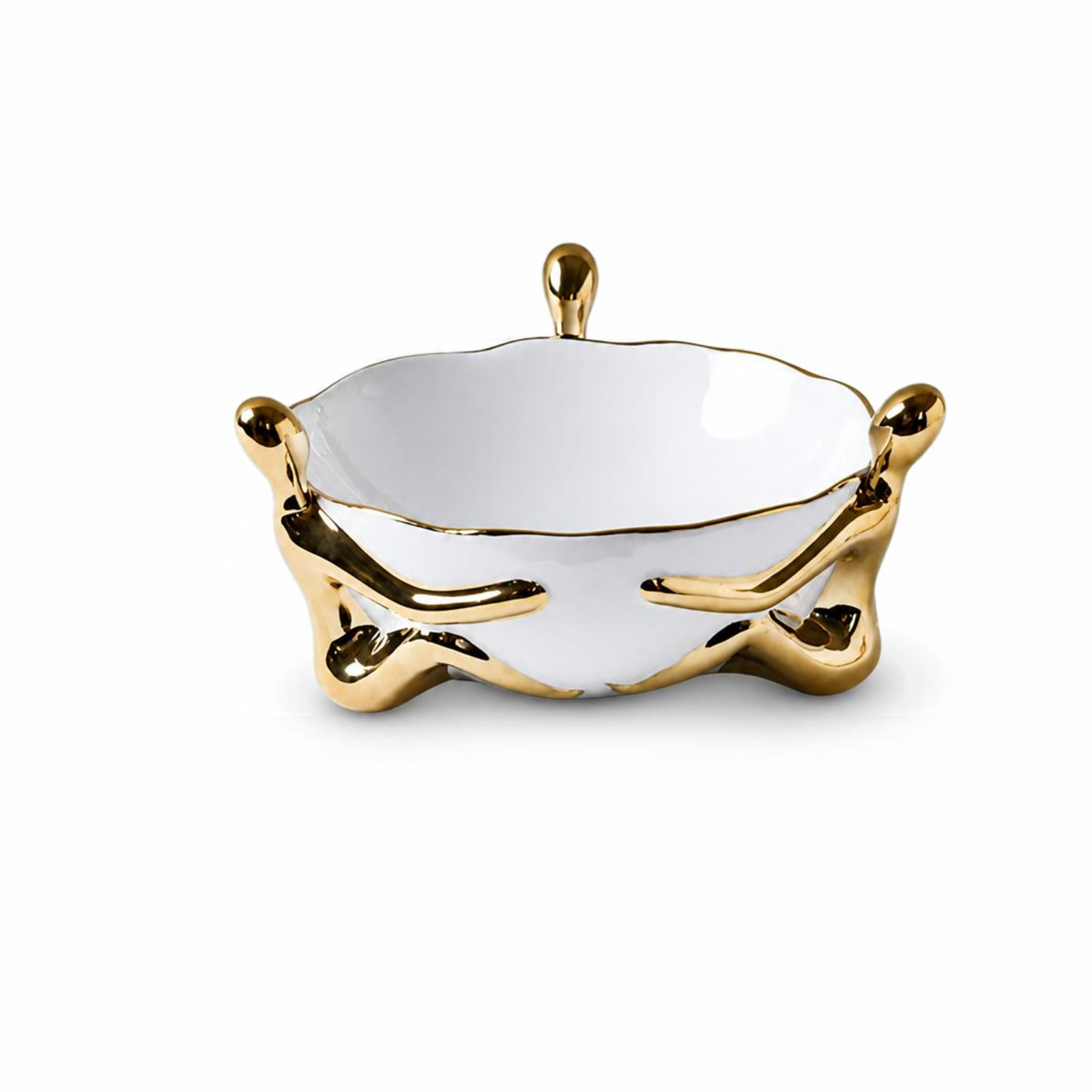 Sculptural White Ceramic Centerpiece Bowl with Fluid Gold Accents