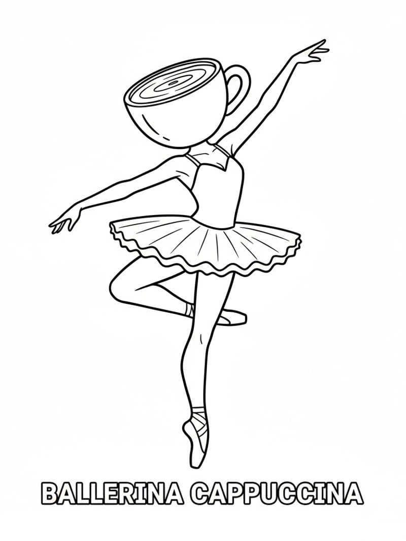 Ballerina Cappuccina elegant ballet pose cappuccino cup head simple outline coloring page