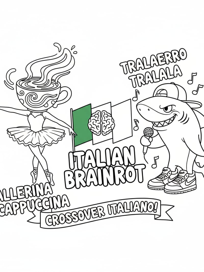 Ballerina Cappuccina and Tralalero Tralala Nike shark Italian Brainrot crossover fun coloring page