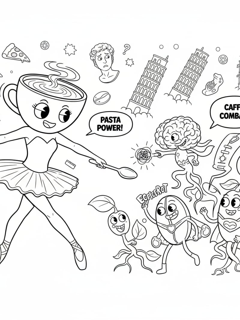 Ballerina Cappuccina plant vs brainrot parody plant cup head characters battling playful coloring page