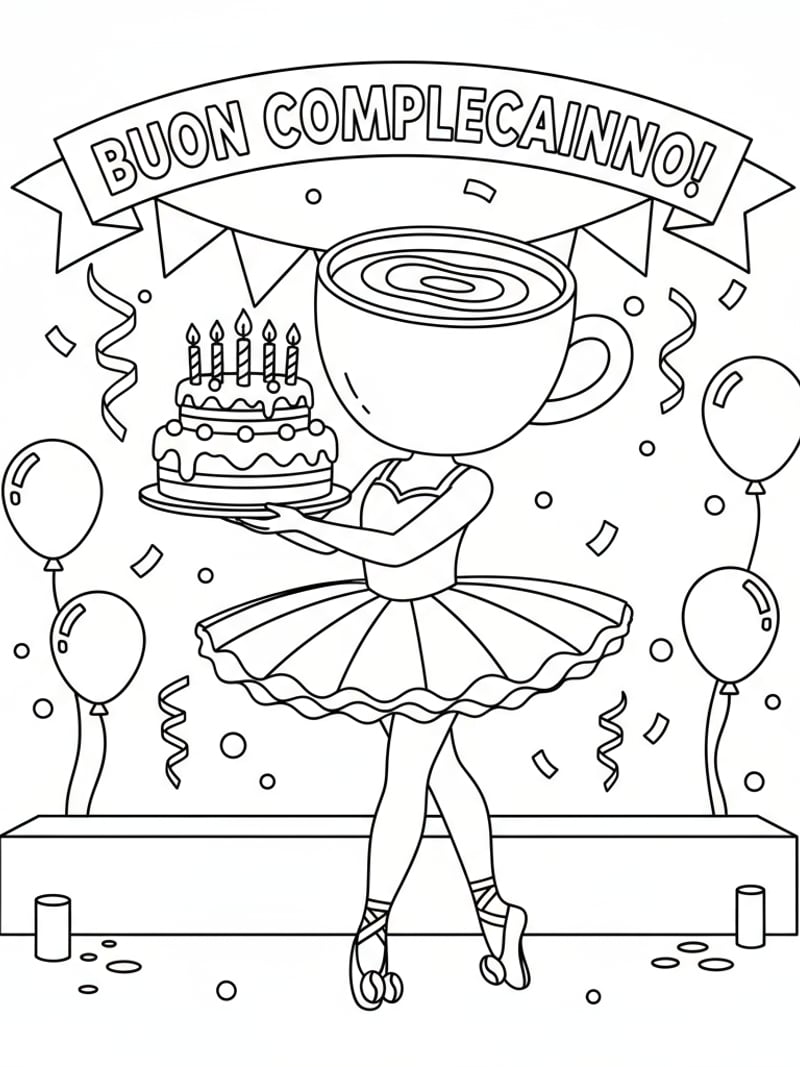 Ballerina Cappuccina holding birthday cake festive celebration clear outlines coloring page