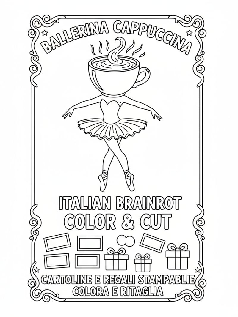Ballerina Cappuccina printable cards gifts color and cut style craft coloring page