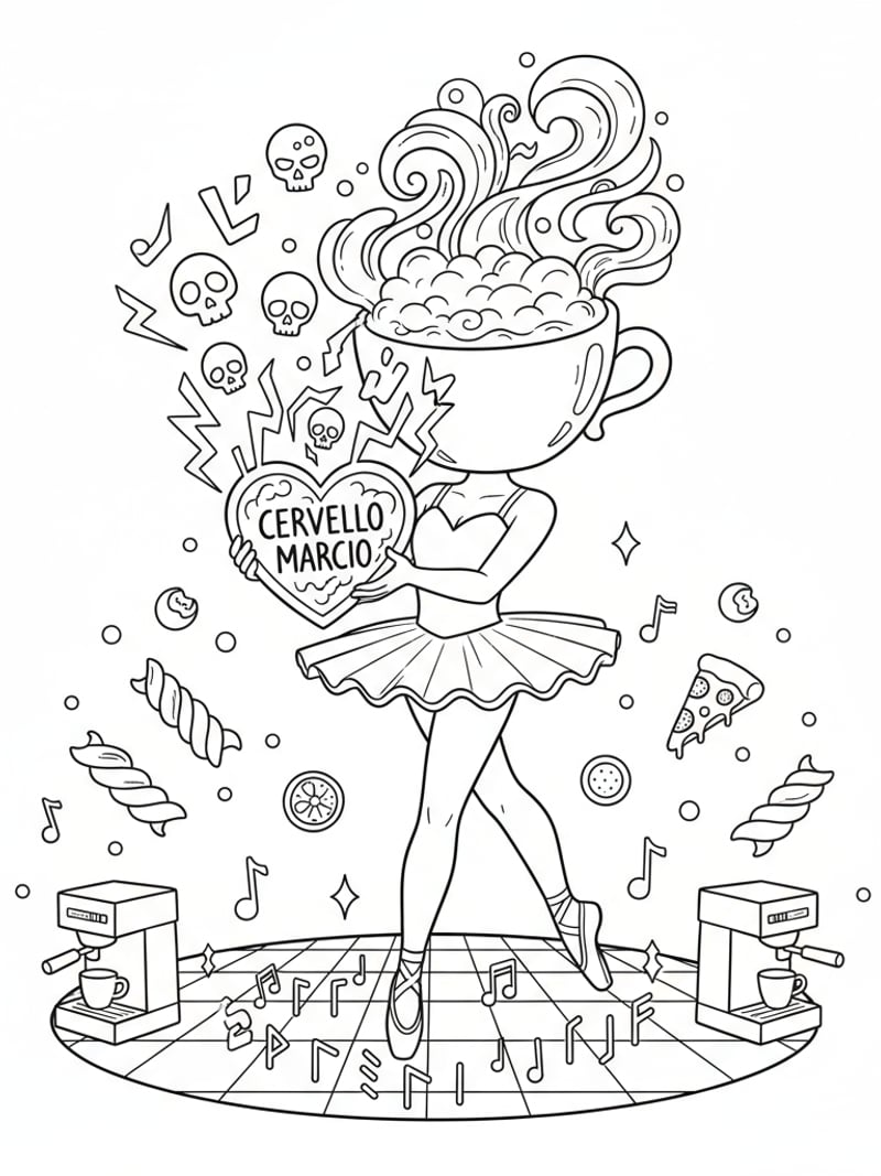 Ballerina Cappuccina performing ritual steal brainrot magical elements easy coloring page