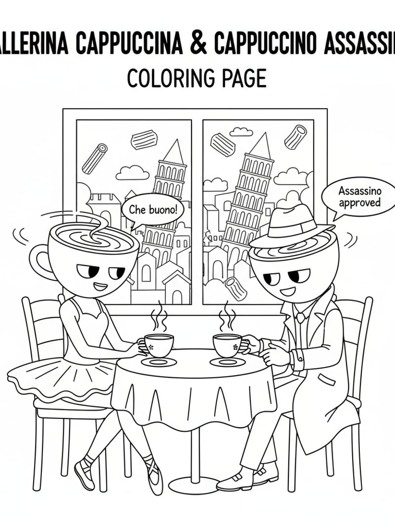 Ballerina Cappuccina and Cappuccino Assassino drinking coffee together slice-of-life coloring page