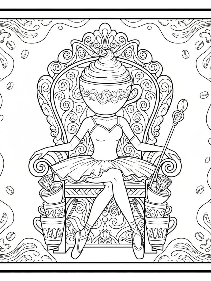 Ballerina Cappuccina sitting coffee cup throne regal pose simple background coloring page