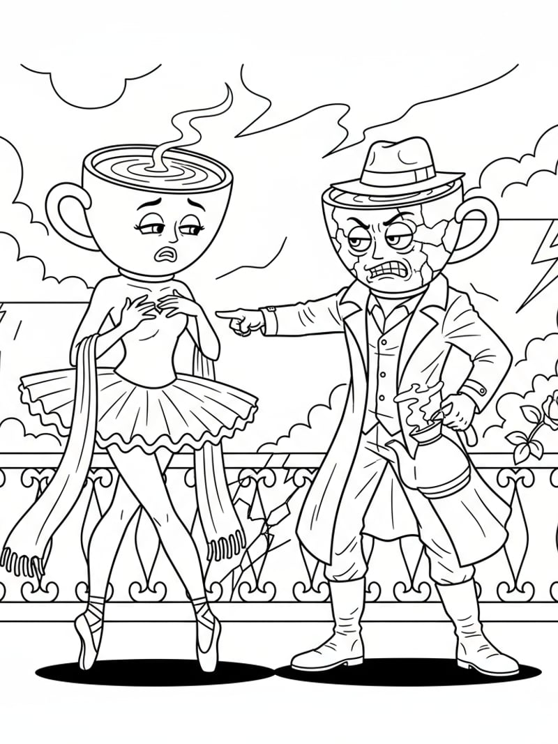 Ballerina Cappuccina and Cappuccino Assassino standing together soap opera drama cartoon coloring page