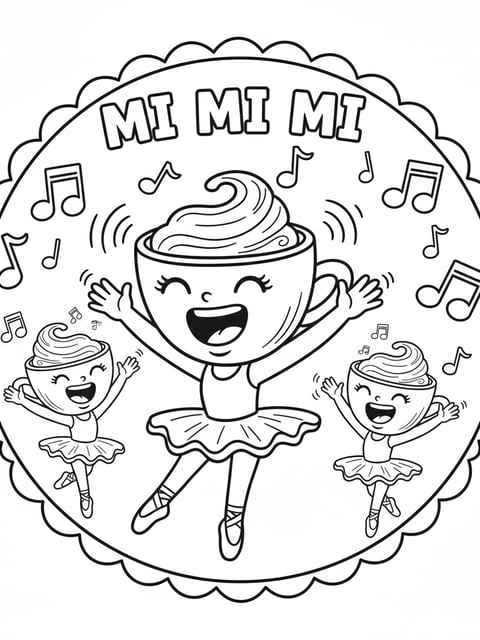 Ballerina Cappuccina friends singing mi mi mi musical notes fun cartoon outlines coloring page