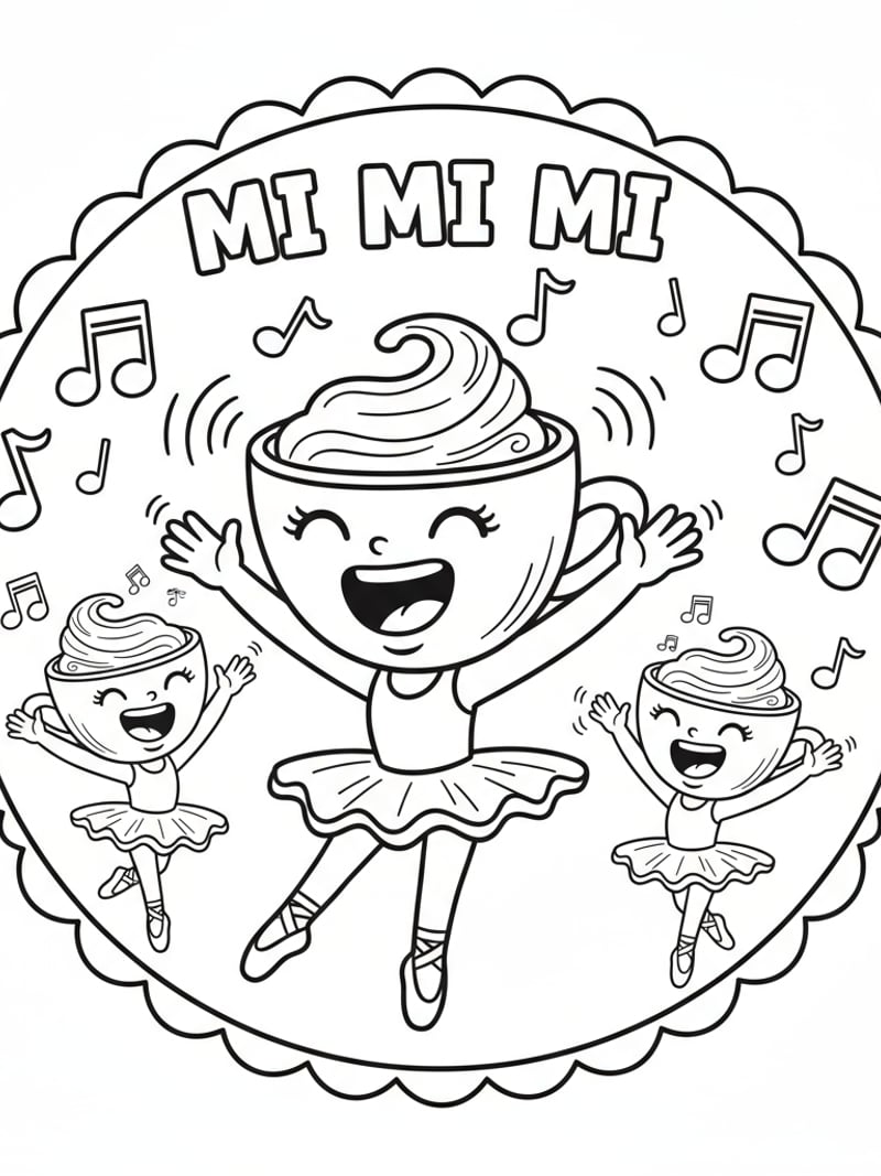 Ballerina Cappuccina friends singing mi mi mi musical notes fun cartoon outlines coloring page
