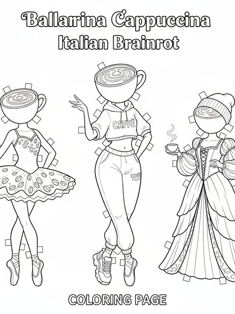Ballerina Cappuccina various outfits ballet dress casual clothes paper doll style coloring page