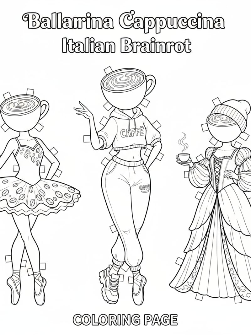 Ballerina Cappuccina various outfits ballet dress casual clothes paper doll style coloring page