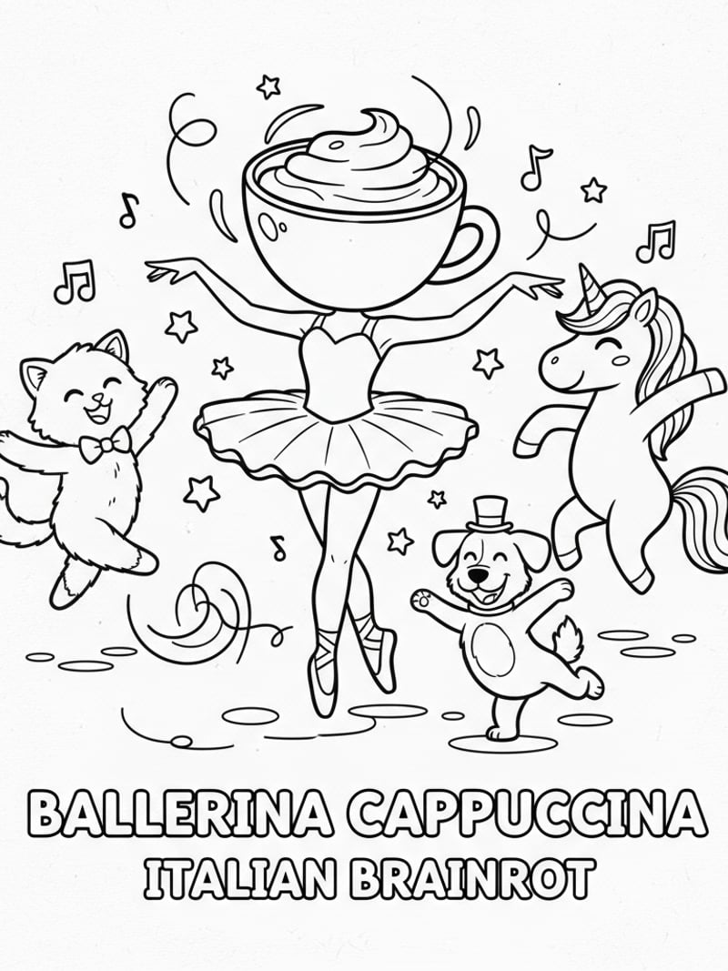 Ballerina Cappuccina cute animals kitten unicorn dog dancing whimsical coloring page
