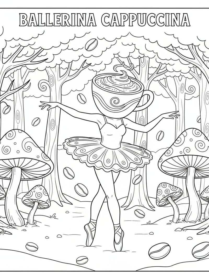 Ballerina Cappuccina magical coffee forest mushrooms coffee beans intricate line art coloring page