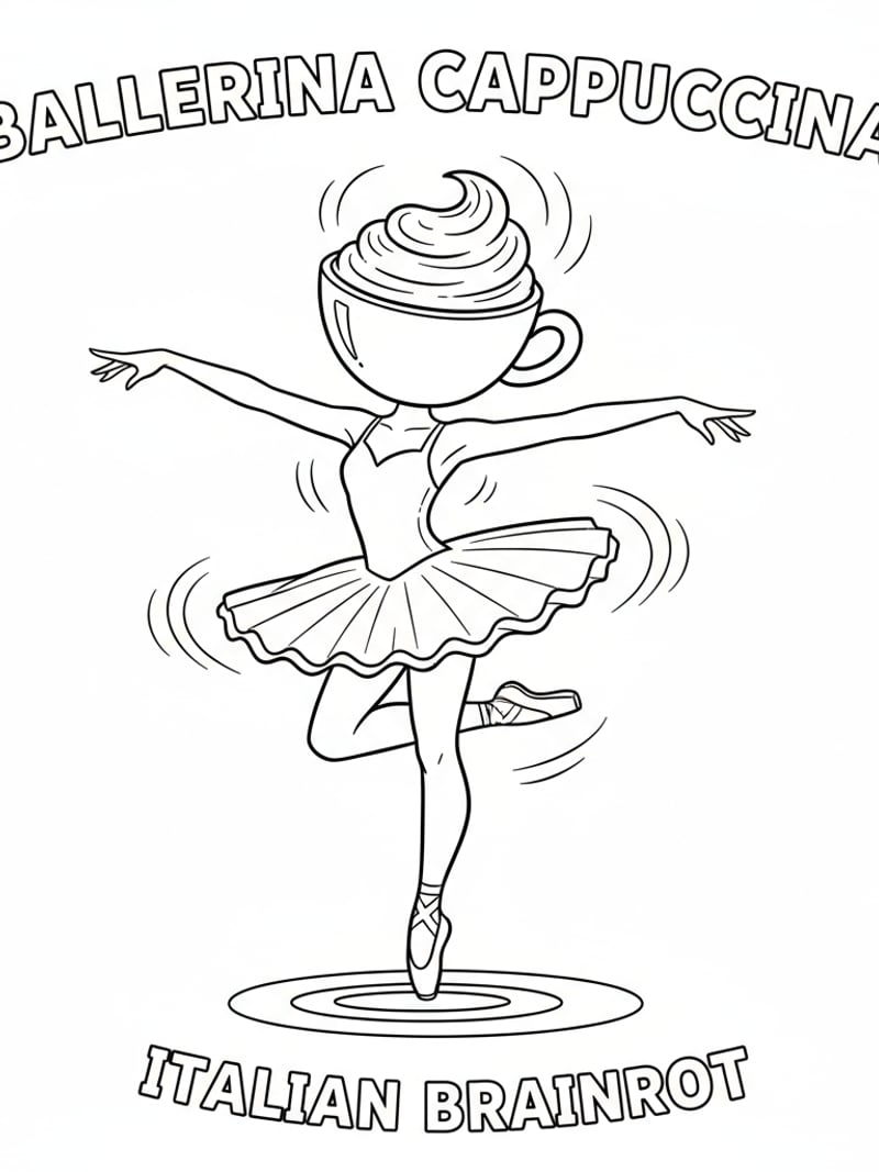 Ballerina Cappuccina spinning on tiptoe coffee foam swirling from cup head cute line art coloring page