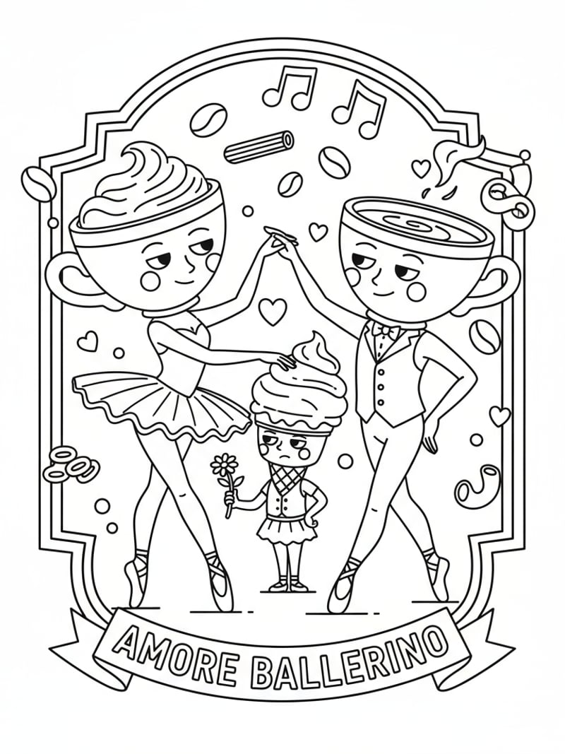 Ballerina Cappuccina and Ballerino Lololo dancing love triangle kid-friendly coloring page